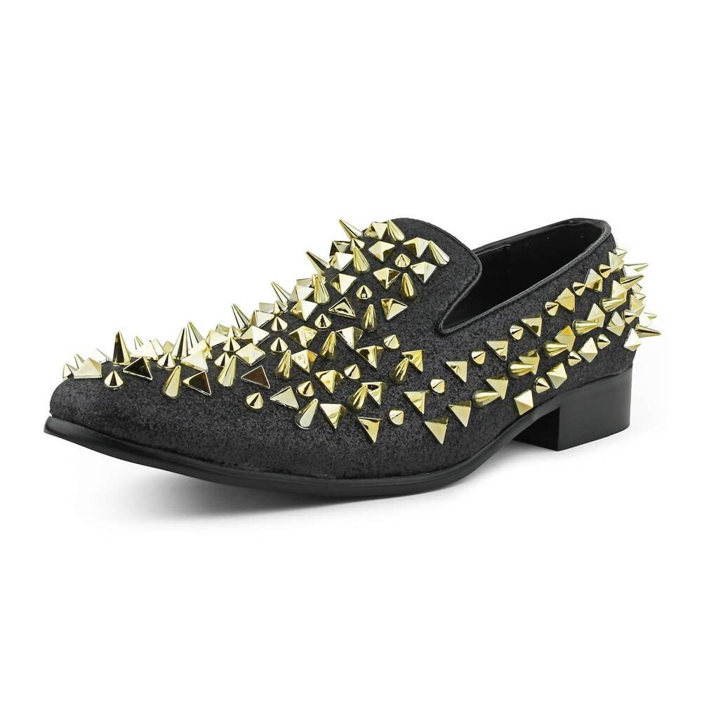 NEW BOLANO men's mesa spiked slip-on smoking driving loafer in black/gold